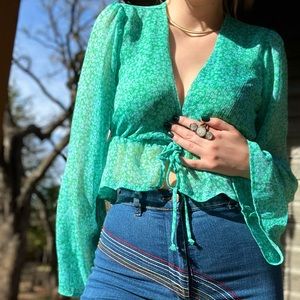 Blue and Green Floral Peasant Top